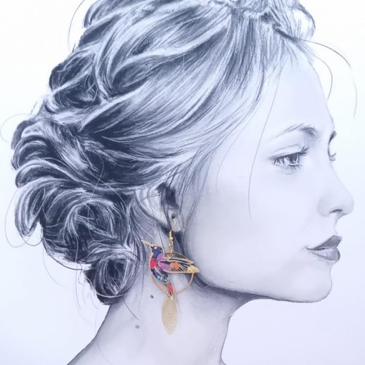 Boucles d'oreilles grand colibri et plumes en tissu liberty dreams of summer multicolore Boucles d'oreilles grand colibri et plumes en tissu liberty dreams of summer multicolore