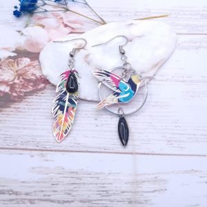 Boucles d'oreilles oiseau colibri et plume en liberty Dreams of summer multicolor