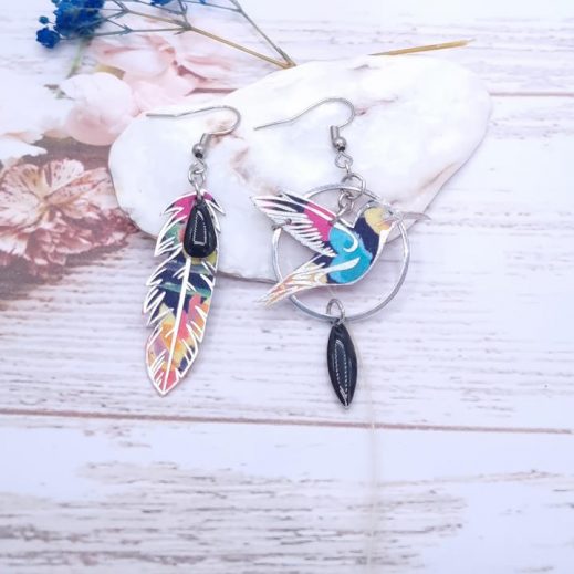 Boucles d'oreilles oiseau colibri et plume en liberty Dreams of summer multicolor