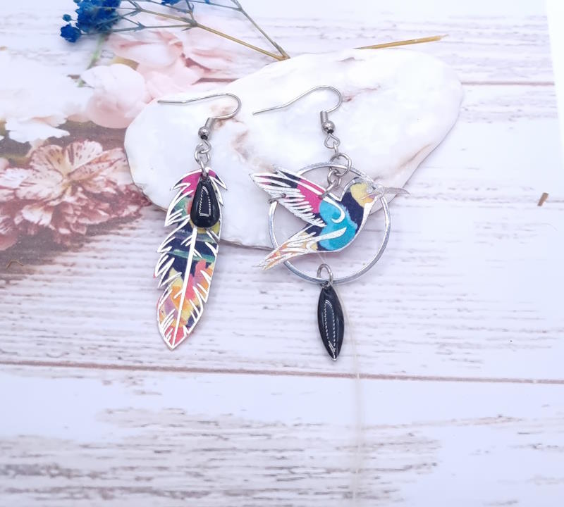Boucles d'oreilles oiseau colibri et plume en liberty Dreams of summer multicolor