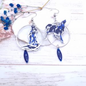 Boucles d'oreilles Loup taille médium en liberty Capel Indigo