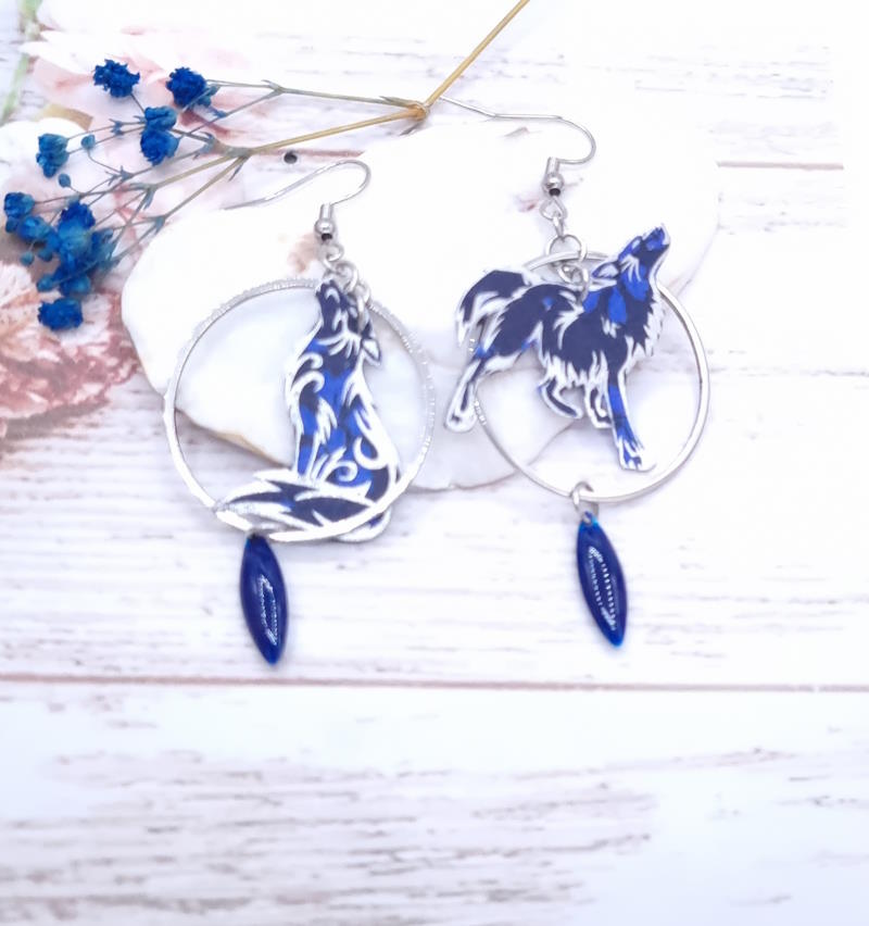 Boucles d'oreilles Loup taille médium en liberty Capel Indigo