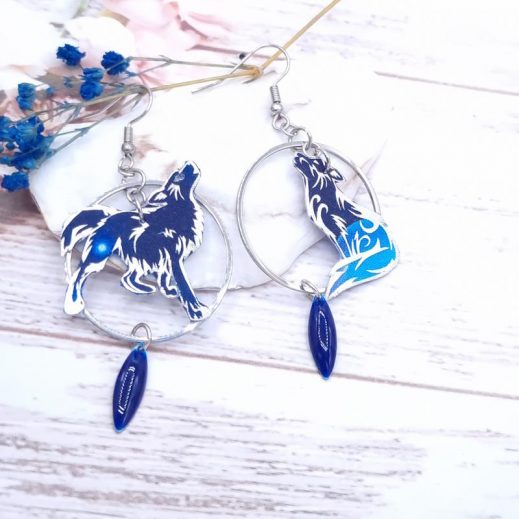 Boucles d'oreilles Loup taille médium en Tissu féérie bleue