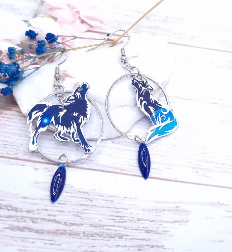 Boucles d'oreilles Loup taille médium en Tissu féérie bleue