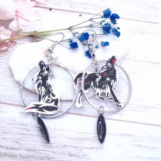 Boucles d'oreilles Loup taille médium en Tissu liberty Erica noir
