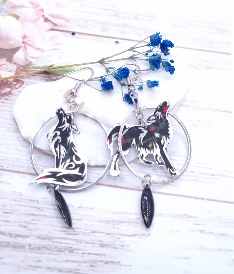 Boucles d'oreilles Loup taille médium en Tissu liberty Erica noir