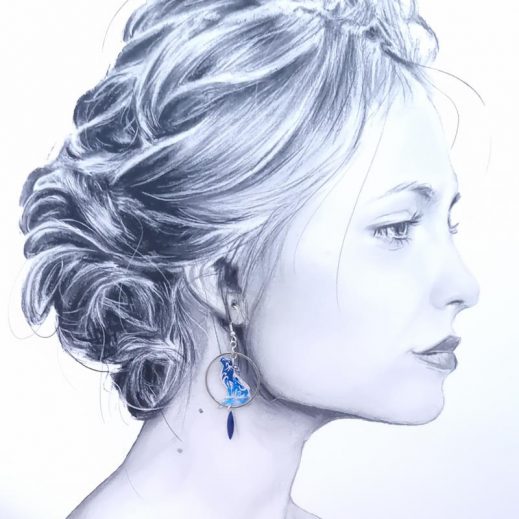 Boucles d'oreilles Lune et Loup taille médium en Tissu féérie bleue Boucles d'oreilles Lune et Loup taille médium en Tissu féérie bleue