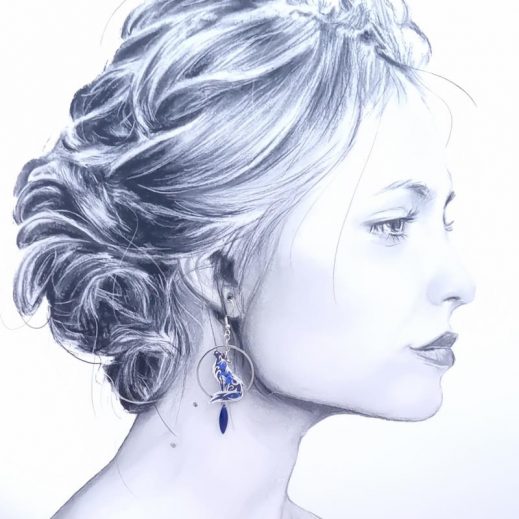 Boucles d'oreilles Lune et Loup taille médium en liberty Capel Indigo Boucles d'oreilles Lune et Loup taille médium en liberty Capel Indigo