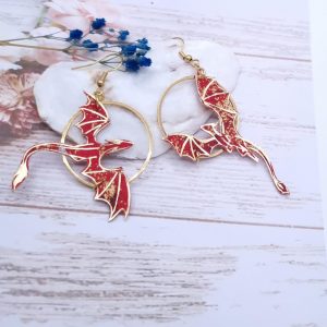 Boucles d'oreilles dragons en TISSU japonais moiré rouge