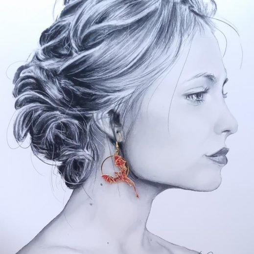 Boucles d'oreilles dragons en TISSU japonais moiré rouge Boucles d'oreilles dragons en TISSU japonais moiré rouge