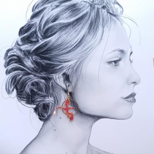 Boucles d'oreilles dragons en TISSU japonais moiré rouge Boucles d'oreilles dragons en TISSU japonais moiré rouge