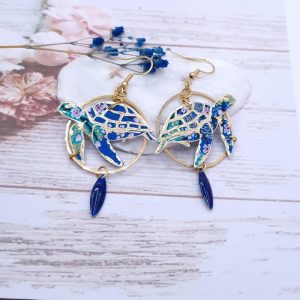 Boucles d'oreilles tortues en Tissu Sakura bleu