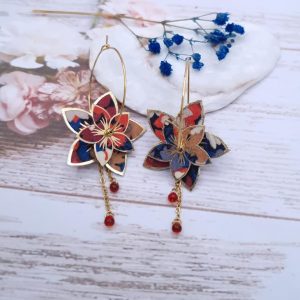 Boucles d'oreilles grandes créoles Fleurs de Tiaré en tissu liberty Thorpe rouille