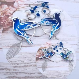 Boucles Colibris Réversibles en Tissu férie bleu et Strawberry thief denim