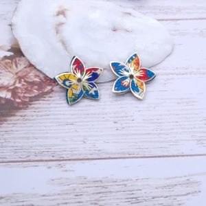 Fleur de tiaré Réversibles en Tissu liberty Emeraude fleur dorée et margaret orange et bleu (fil 2.5mm)