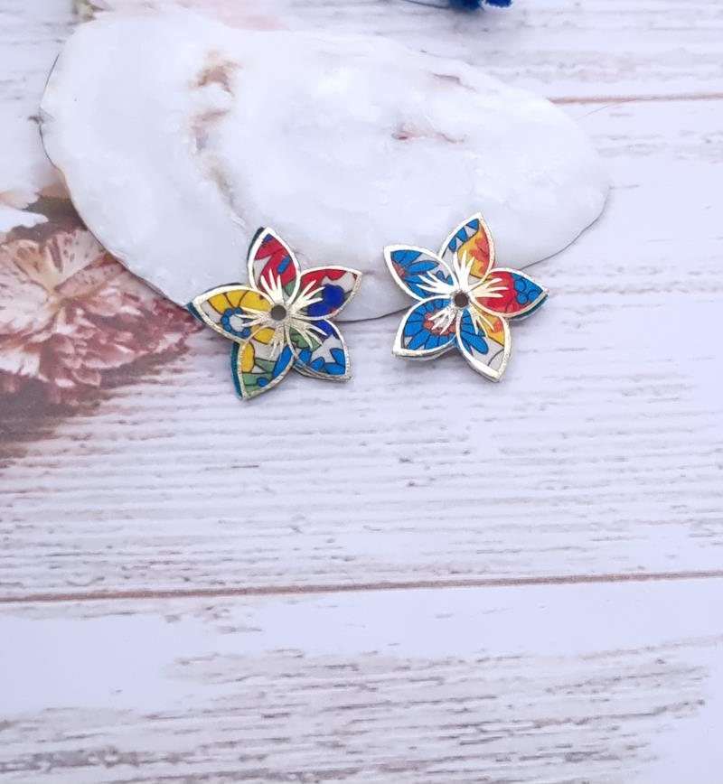 Fleur de tiaré Réversibles en Tissu liberty Emeraude fleur dorée et margaret orange et bleu (fil 2.5mm)