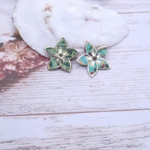 Fleur de tiaré Réversibles en Tissu liberty David joe vert et Héritage agrume pour créoles (fil 2.5mm)