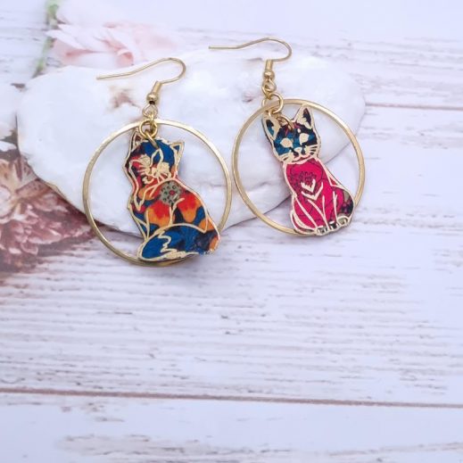 Boucles d'oreilles chats en liberty Ciara pétrole Boucles d'oreilles chats en liberty Ciara pétrole