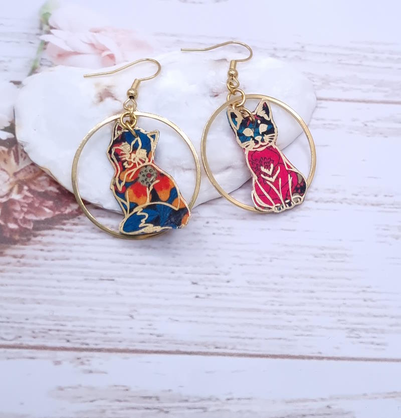 Boucles d'oreilles chats en liberty Ciara pétrole
