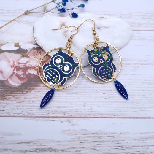 Boucles d'oreilles Chouettes en TISSU Liberty Erica navy Boucles d'oreilles Chouettes en TISSU Liberty Erica navy