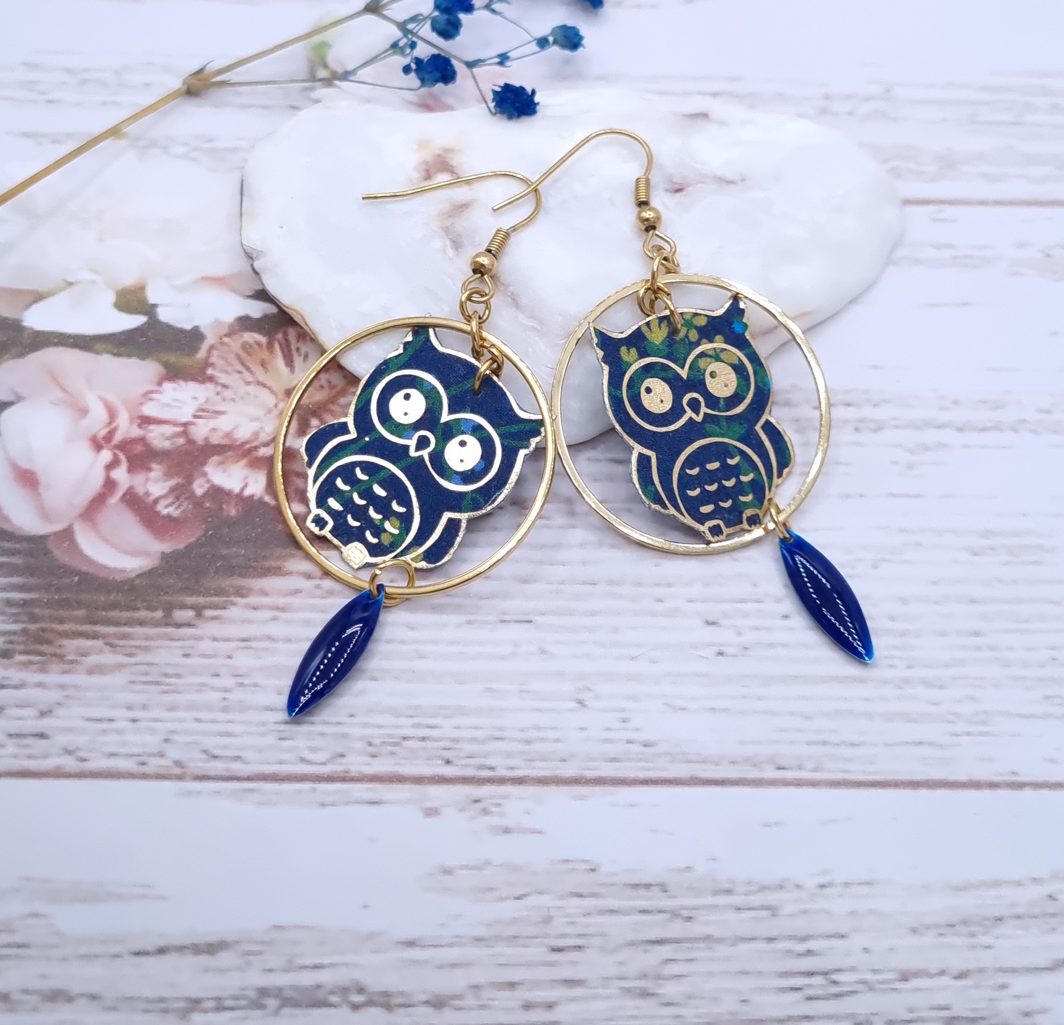 Boucles d’oreilles Chouettes en TISSU Liberty Erica navy