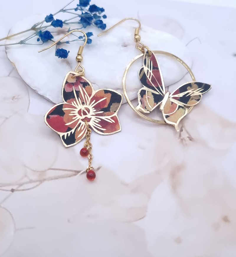 Boucles d’oreilles papillon et orchidée en liberty dreams of summer burnt