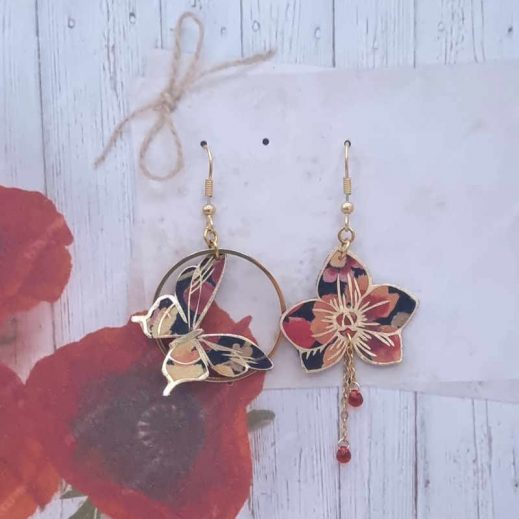 Boucles d'oreilles papillon et orchidée en liberty dreams of summer burnt Boucles d'oreilles papillon et orchidée en liberty dreams of summer burnt