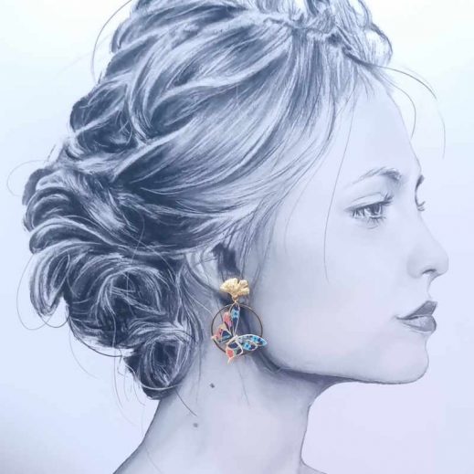 Boucles d'oreilles Papillon et ginkgo en tissu liberty dreams of summer multicolore Boucles d'oreilles Papillon et ginkgo en tissu liberty dreams of summer multicolore