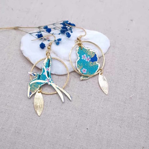Boucles d'oreilles oiseau Paille en queue et L'île Maurice en tissu japonais Sakura bleu