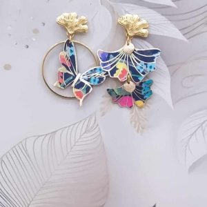 Boucles d'oreilles Papillon et ginkgo en tissu liberty dreams of summer multicolore
