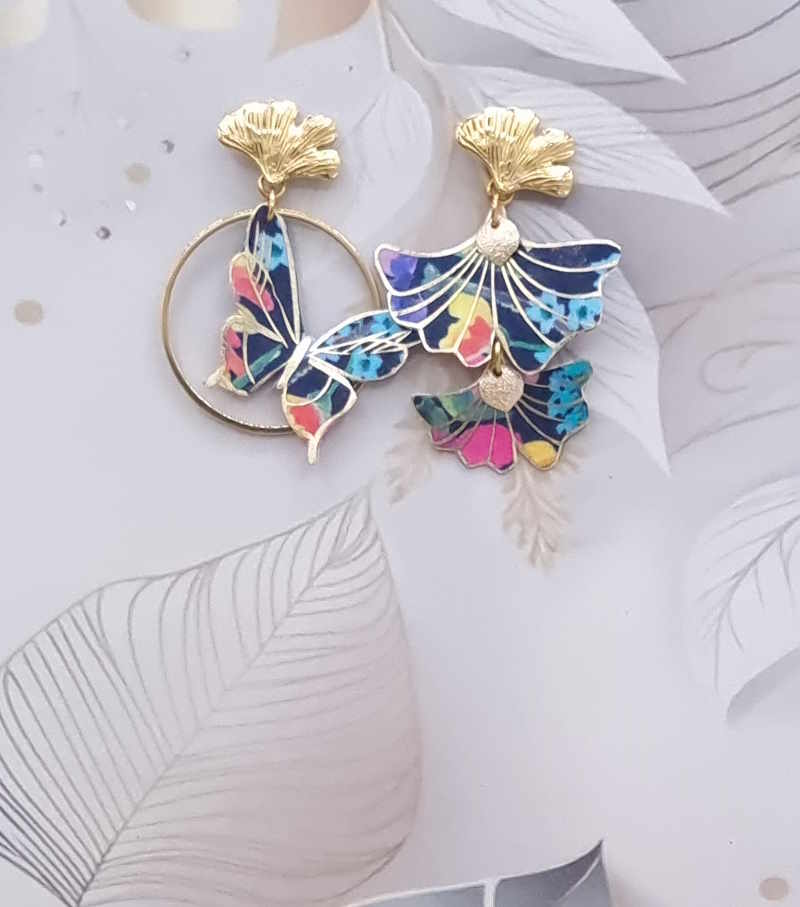 Boucles d’oreilles Papillon et ginkgo en tissu liberty dreams of summer multicolore