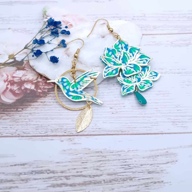 Boucles d’oreilles colibri et Magnolia en TISSU Zazen menthe