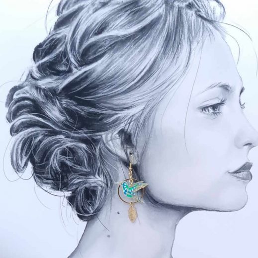 Boucles d'oreilles colibri et Magnolia en TISSU Zazen menthe Boucles d'oreilles colibri et Magnolia en TISSU Zazen menthe