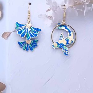 Boucles d'oreilles Gingko et carpe koi en Tissu Petit Pan Zazen outremer