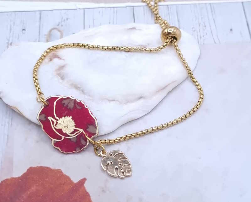 Bracelet ajustable fleur coquelicot en liberty Capel rubis