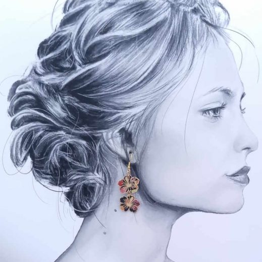 Boucles d'oreilles colibri et hibiscus en tissu liberty dreams of summer burnt Boucles d'oreilles colibri et hibiscus en tissu liberty dreams of summer burnt