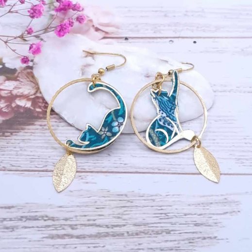 Boucles d'oreilles chat en TISSU liberty Strawberry thief émeraude