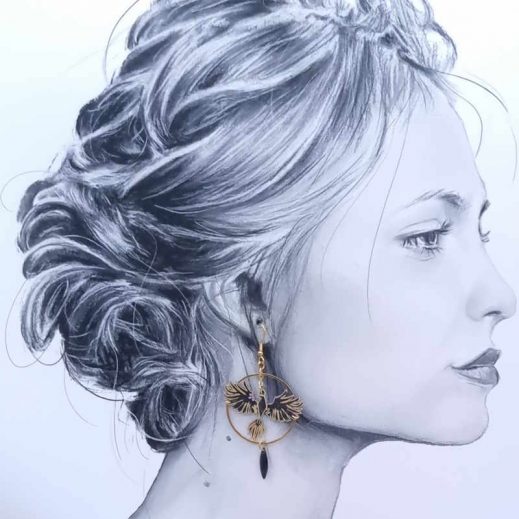 Boucles d'oreilles Phoenix et aile en liberty Erica noir Boucles d'oreilles Phoenix et aile en liberty Erica noir