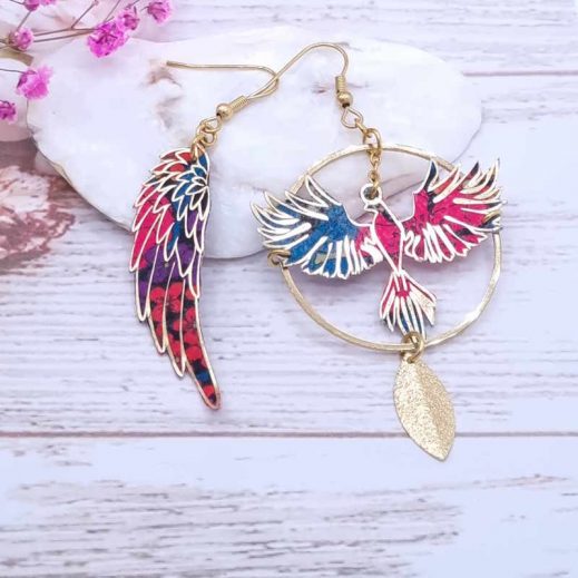 Boucles d'oreilles Phoenix et aile en liberty Ciara pétrole
