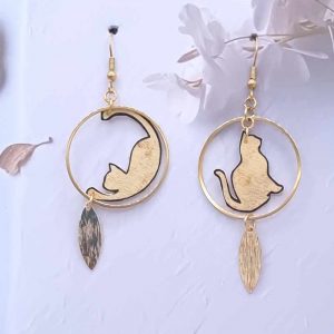 Boucles d'oreilles chats en tissus japonais moiré doré