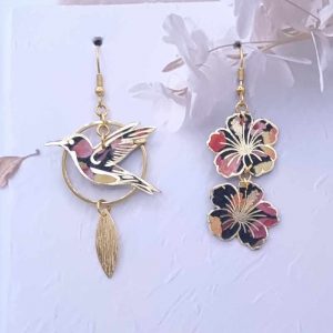 Boucles d'oreilles colibri et hibiscus en tissu liberty dreams of summer burnt