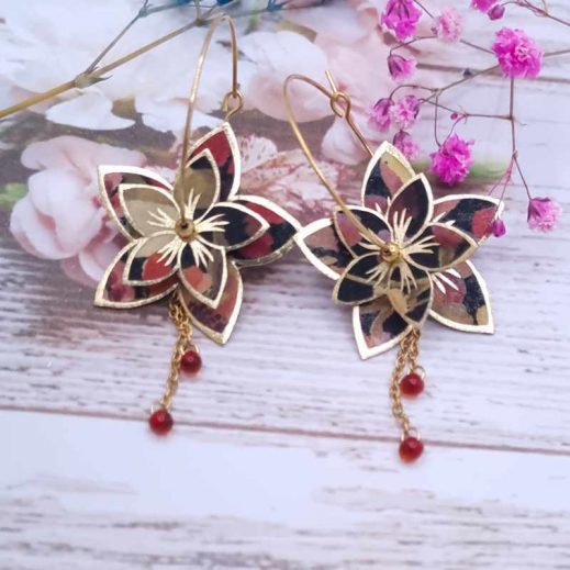 Boucles d'oreilles grandes créoles Fleurs de Tiaré en tissu Liberty dreams of summer burnt