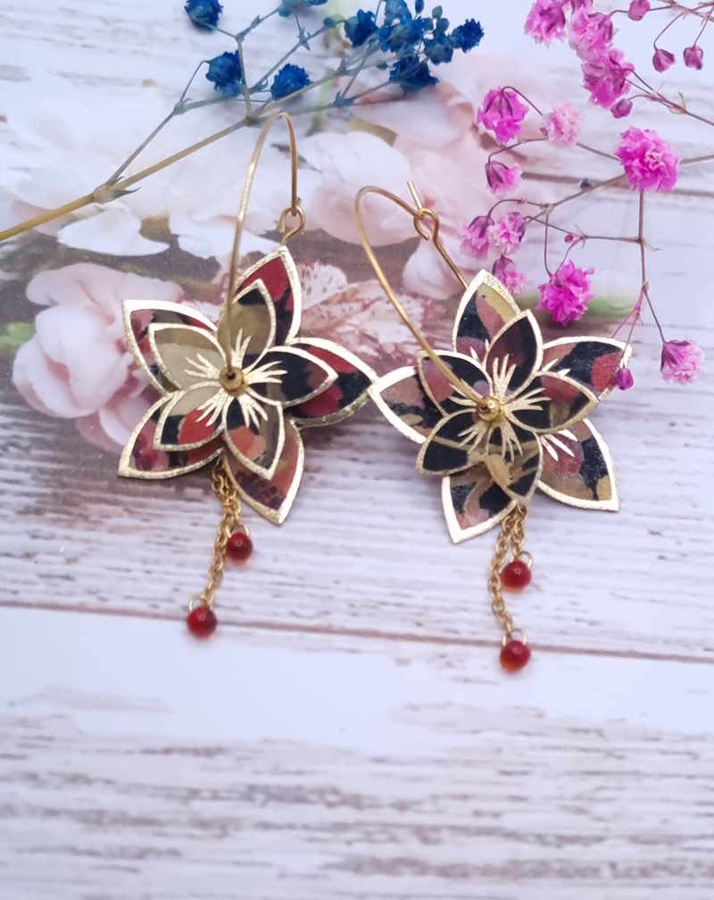 Boucles d'oreilles grandes créoles Fleurs de Tiaré en tissu Liberty dreams of summer burnt