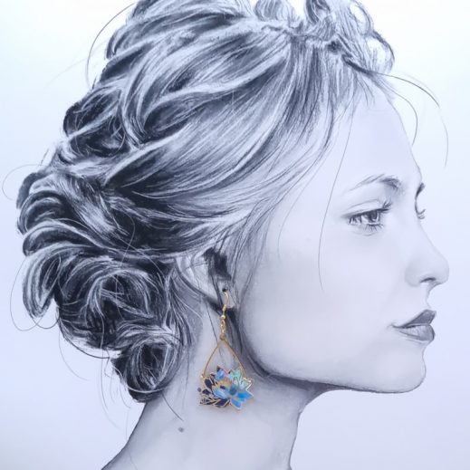 Boucles d'oreilles oiseaux inséparables et lotus en TISSU liberty Purley Meadow marine Boucles d'oreilles oiseaux inséparables et lotus en TISSU liberty Purley Meadow marine