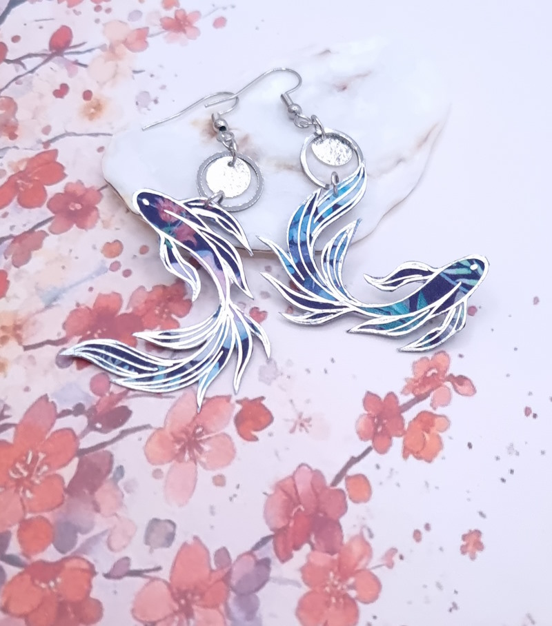 Boucles d'oreilles poisson en Tissu Liberty purley meadow marine