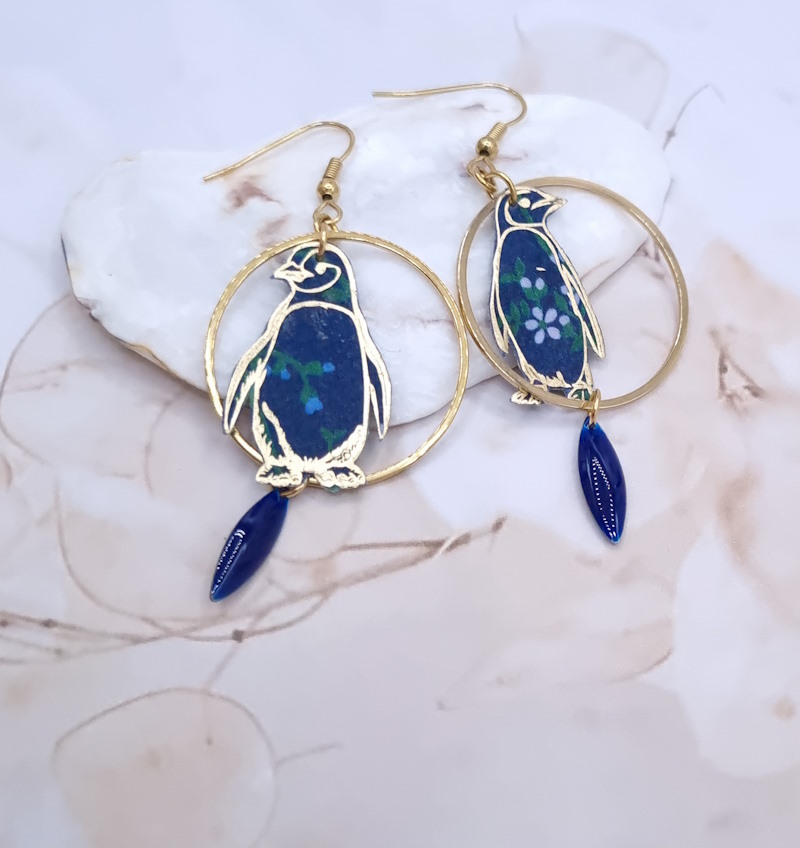 Boucles d'oreilles Pingouin en TISSU liberty Erica bleu