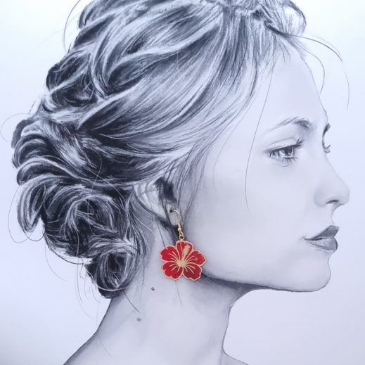 Boucles d'oreilles oiseau colibri 3 et hibiscus en Tissus japonais moiré rouge Boucles d'oreilles oiseau colibri 3 et hibiscus en Tissus japonais moiré rouge