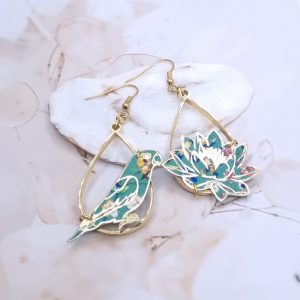 Boucles d'oreilles oiseau perruche et lotus en TISSU liberty Donna Leigh Jade