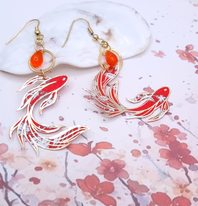 Boucles d'oreilles poisson en Tissu Liberty summer bloom coquelicot
