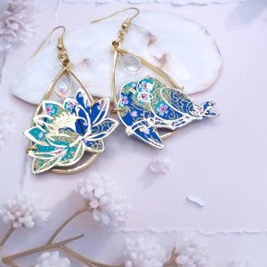 Boucles d'oreilles oiseaux inséparables et lotus en TISSU japonais Sakura bleu